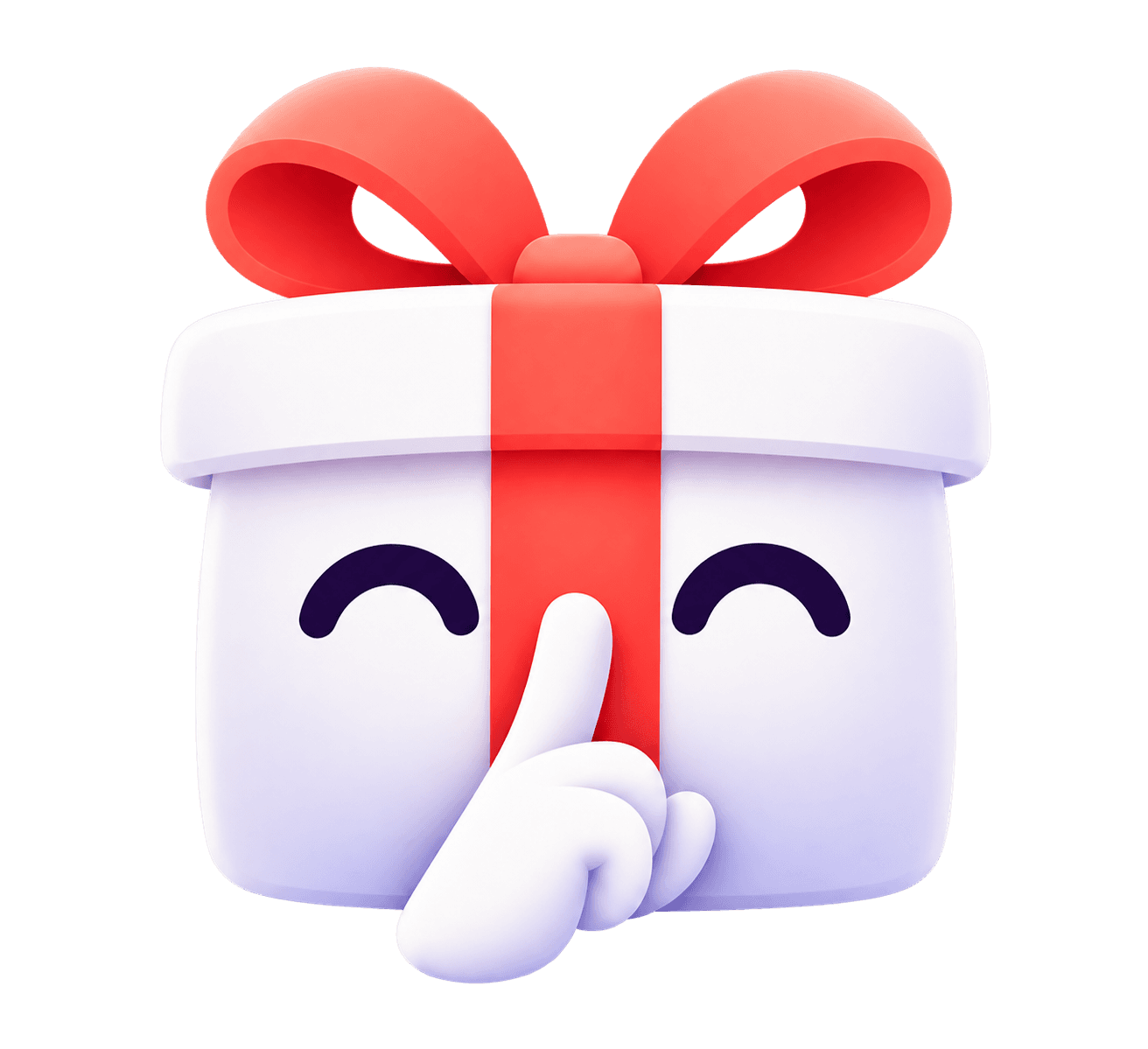 The smiling ShushDraw gift-box mascot, wearing a coral ribbon and holding a finger up to keep the surprise secret